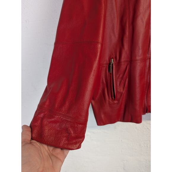 Vtg Red Leather Jacket 90s Y2K Zip Retro Bold Bright Statement Womens Large - Picture 2 of 11